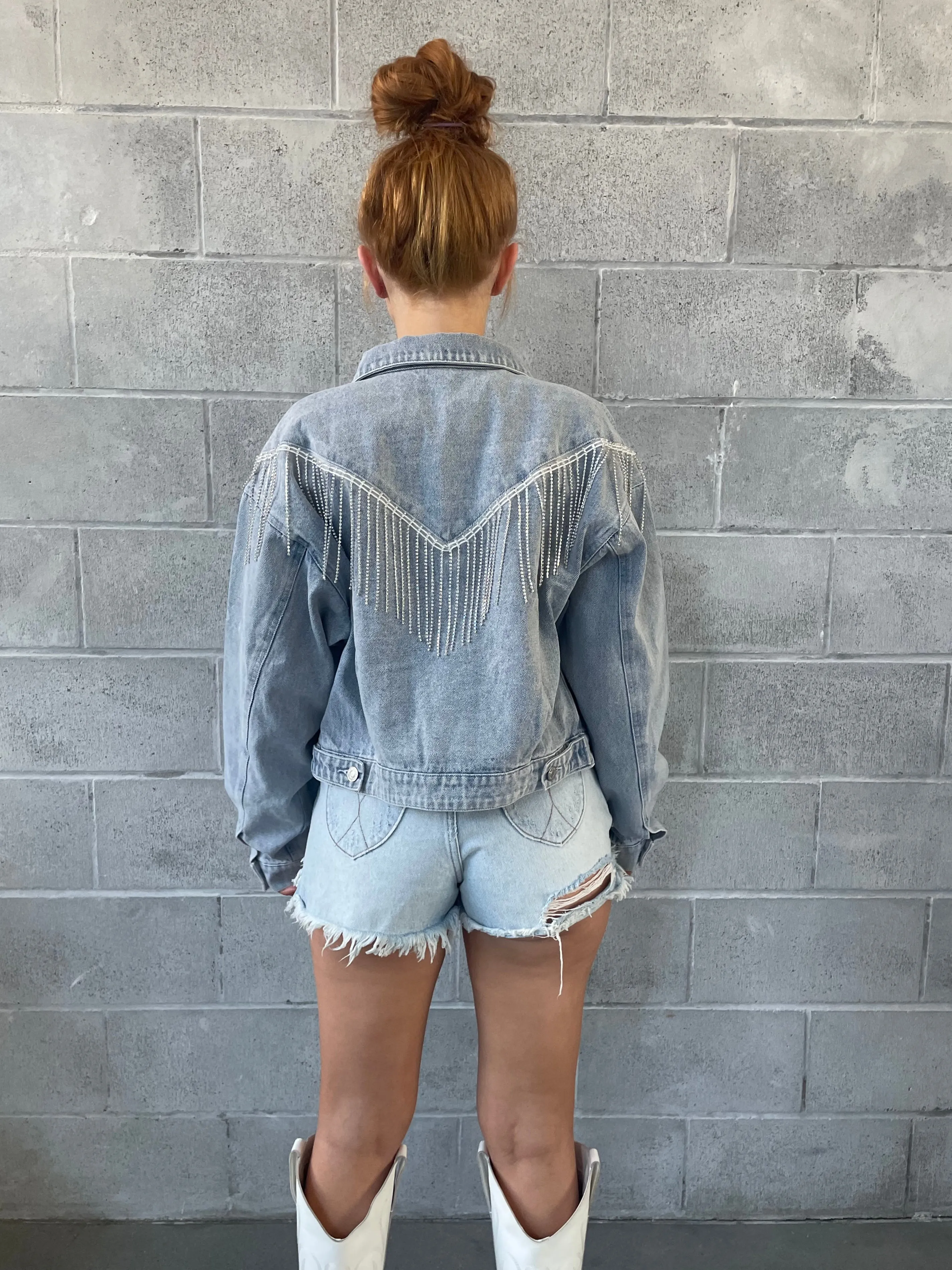 27 Denim Rhinestone Fringe Jacket