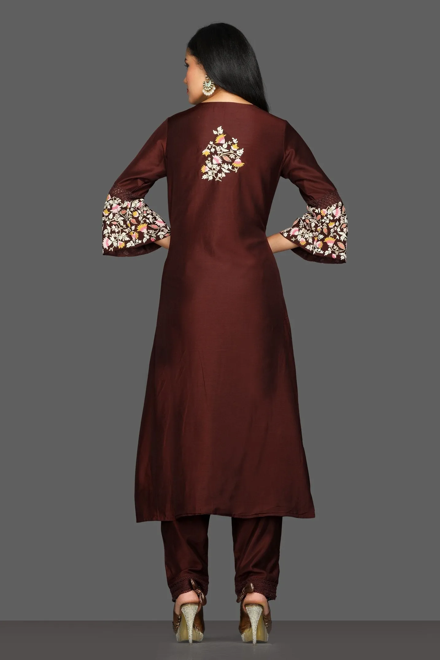 502595 Dark Brown Embroidered Pant Suit with Dupatta