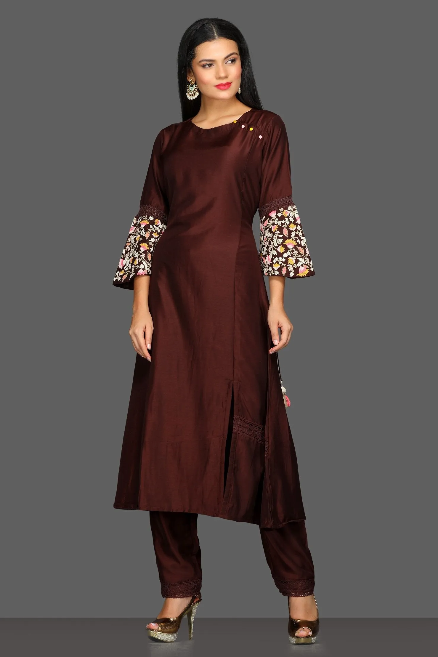 502595 Dark Brown Embroidered Pant Suit with Dupatta