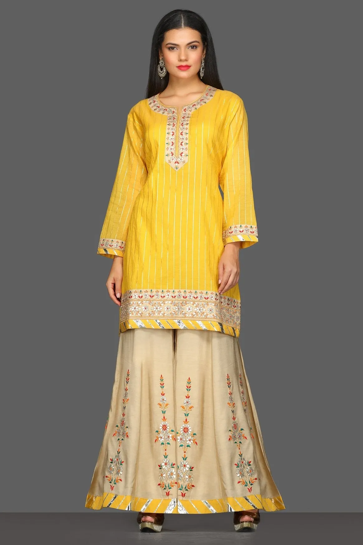 502599 Yellow and Beige Embroidered Sharara Suit with Dupatta