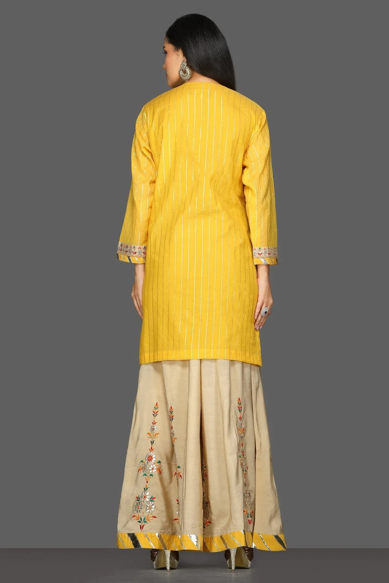 502599 Yellow and Beige Embroidered Sharara Suit with Dupatta