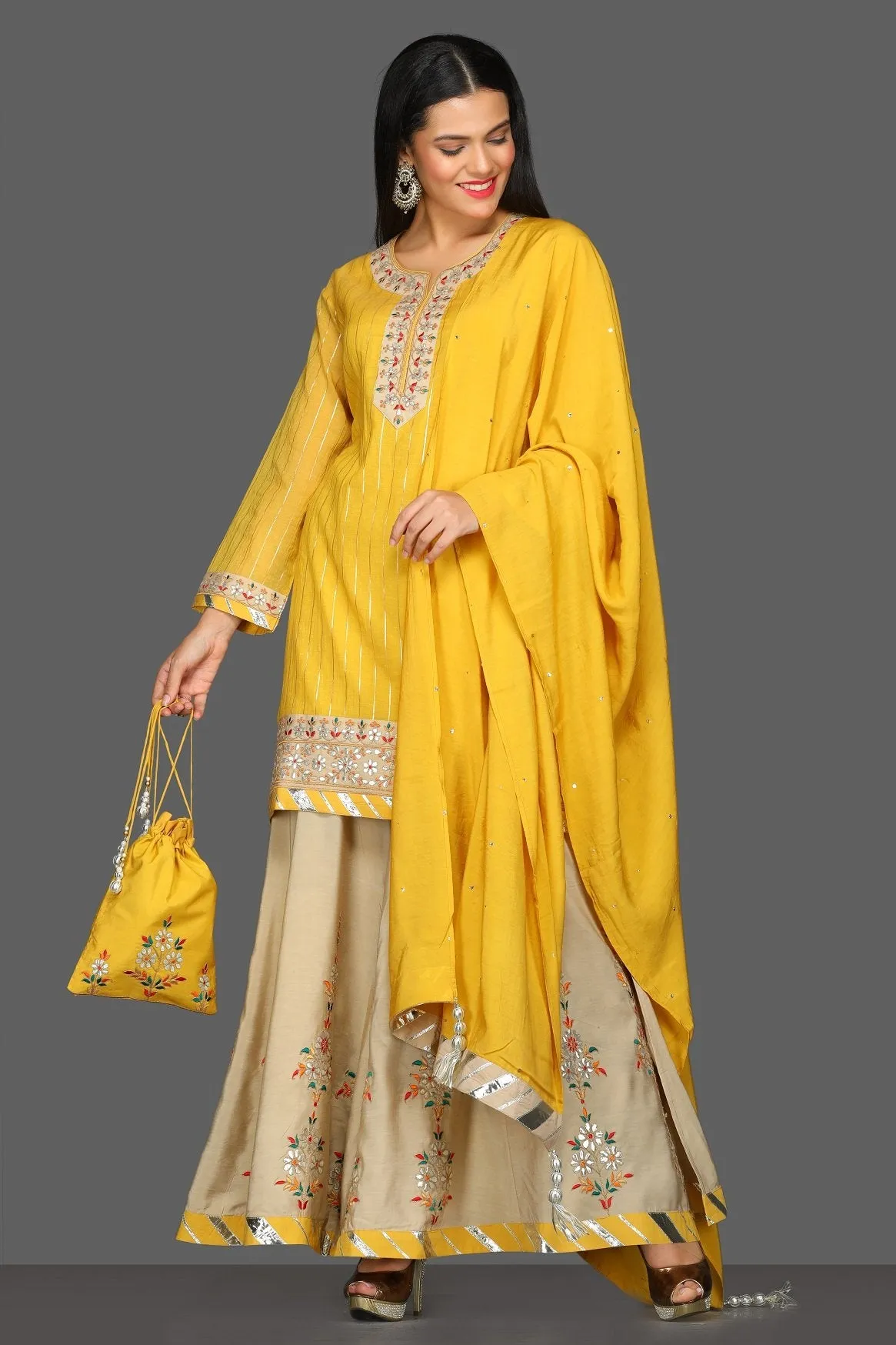 502599 Yellow and Beige Embroidered Sharara Suit with Dupatta