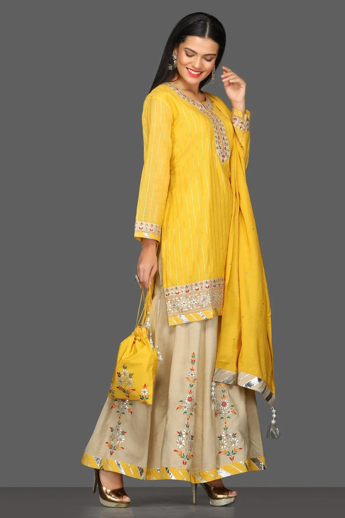 502599 Yellow and Beige Embroidered Sharara Suit with Dupatta