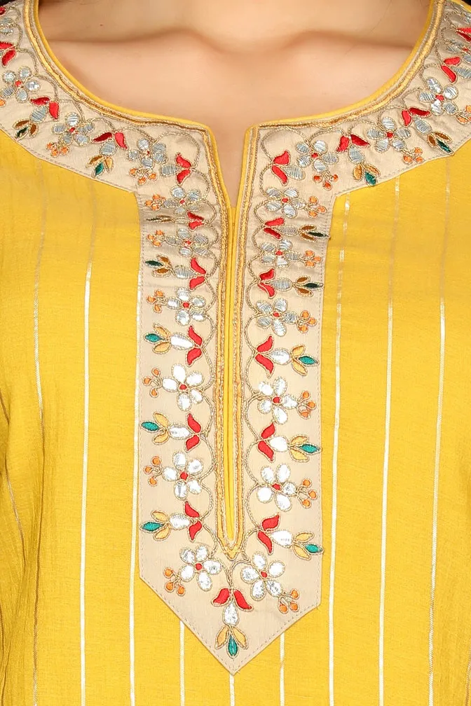 502599 Yellow and Beige Embroidered Sharara Suit with Dupatta