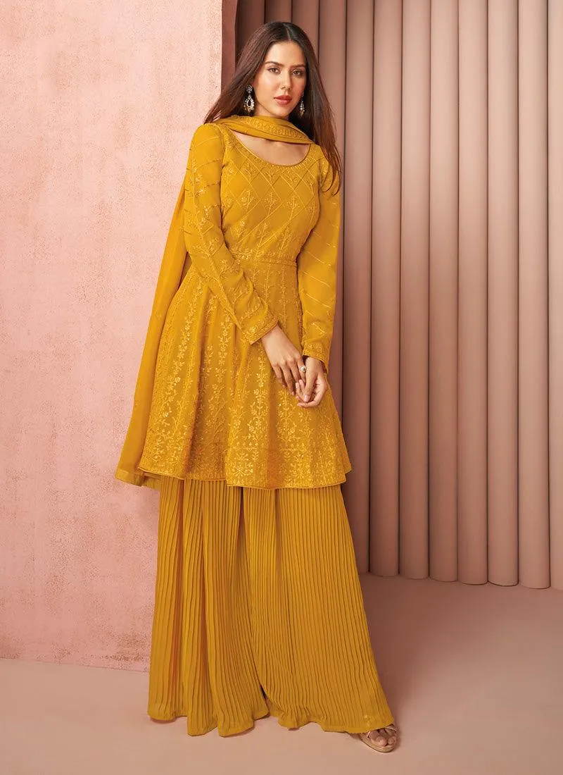 Admirable Mustard Yellow Color Thread And Sequins Work Palazzo Salwar Suit