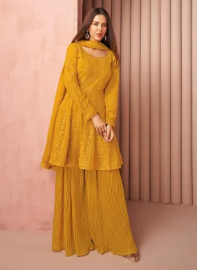 Admirable Mustard Yellow Color Thread And Sequins Work Palazzo Salwar Suit