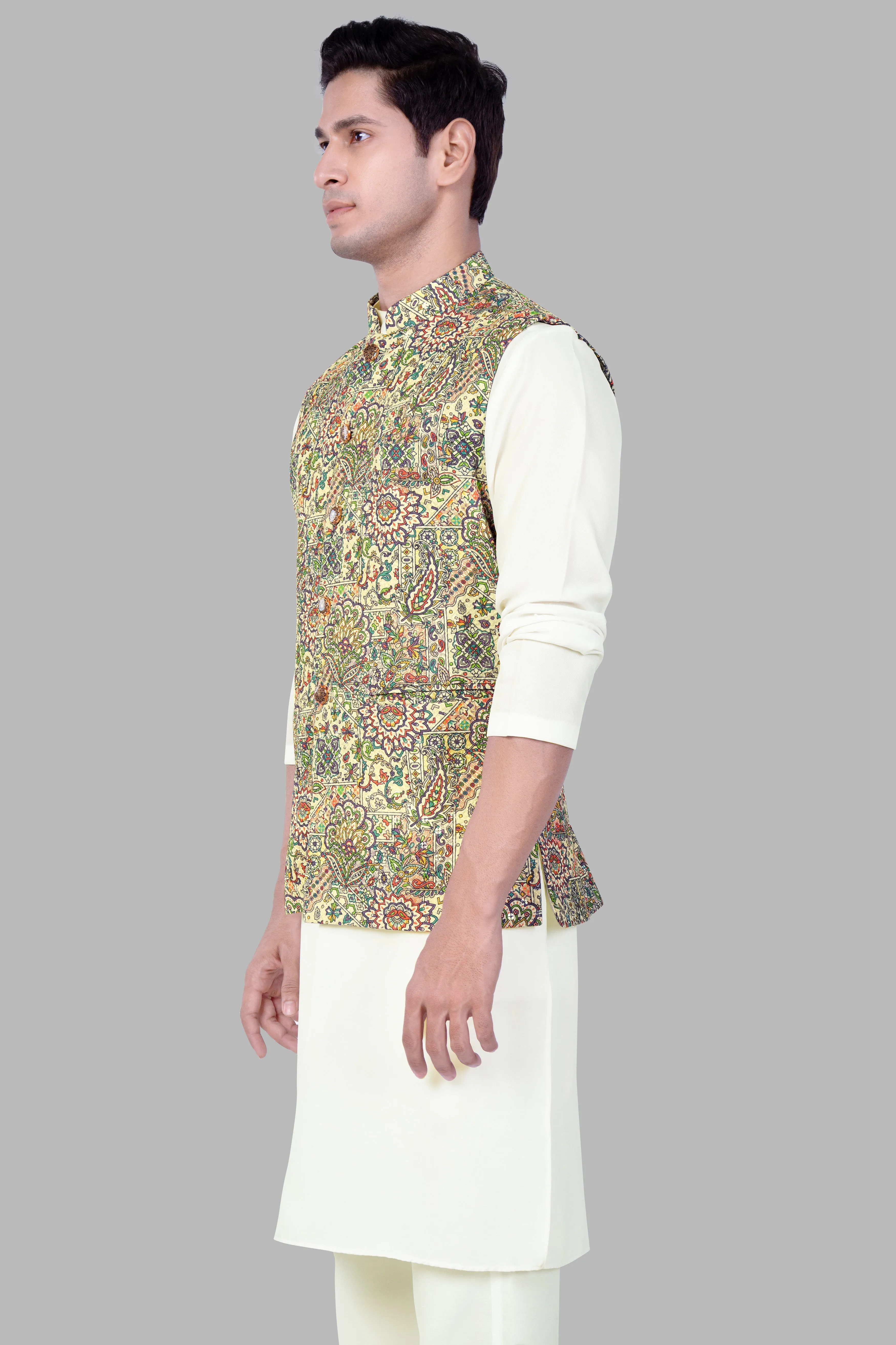 Albescent Cream Kurta Set With Eggshell Cream And Faded Purple MultiColour Embroidered Nehru Jacket