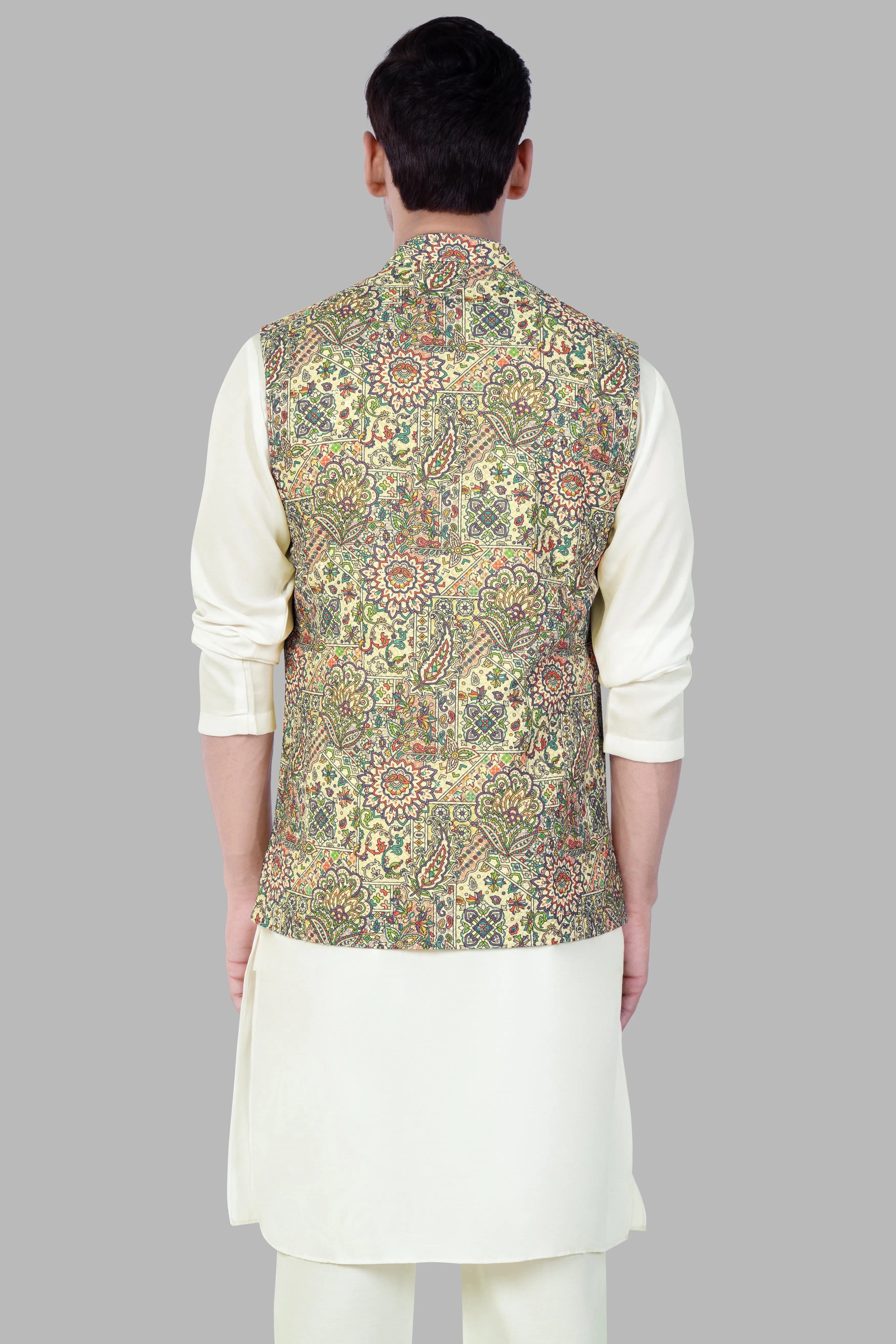 Albescent Cream Kurta Set With Eggshell Cream And Faded Purple MultiColour Embroidered Nehru Jacket