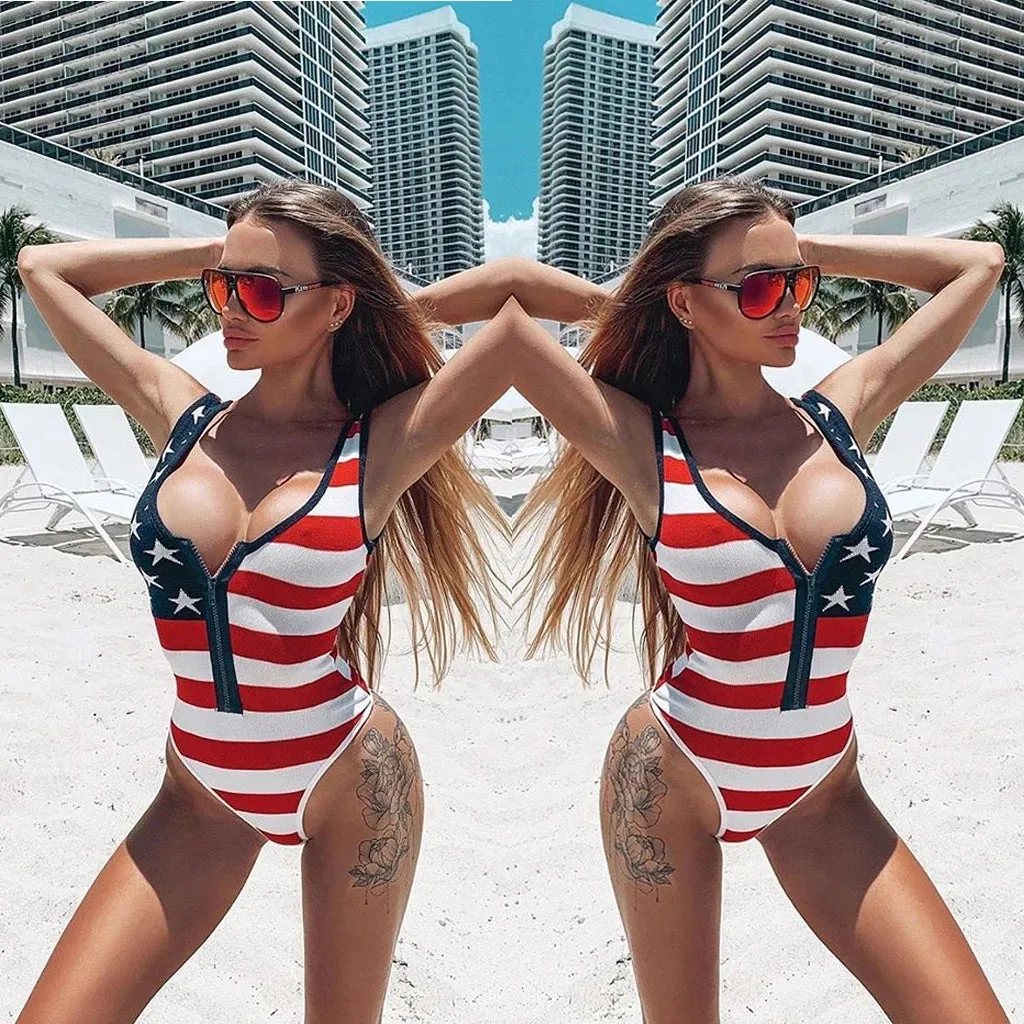 Americana Beach Bombshell Zipper Swimsuit