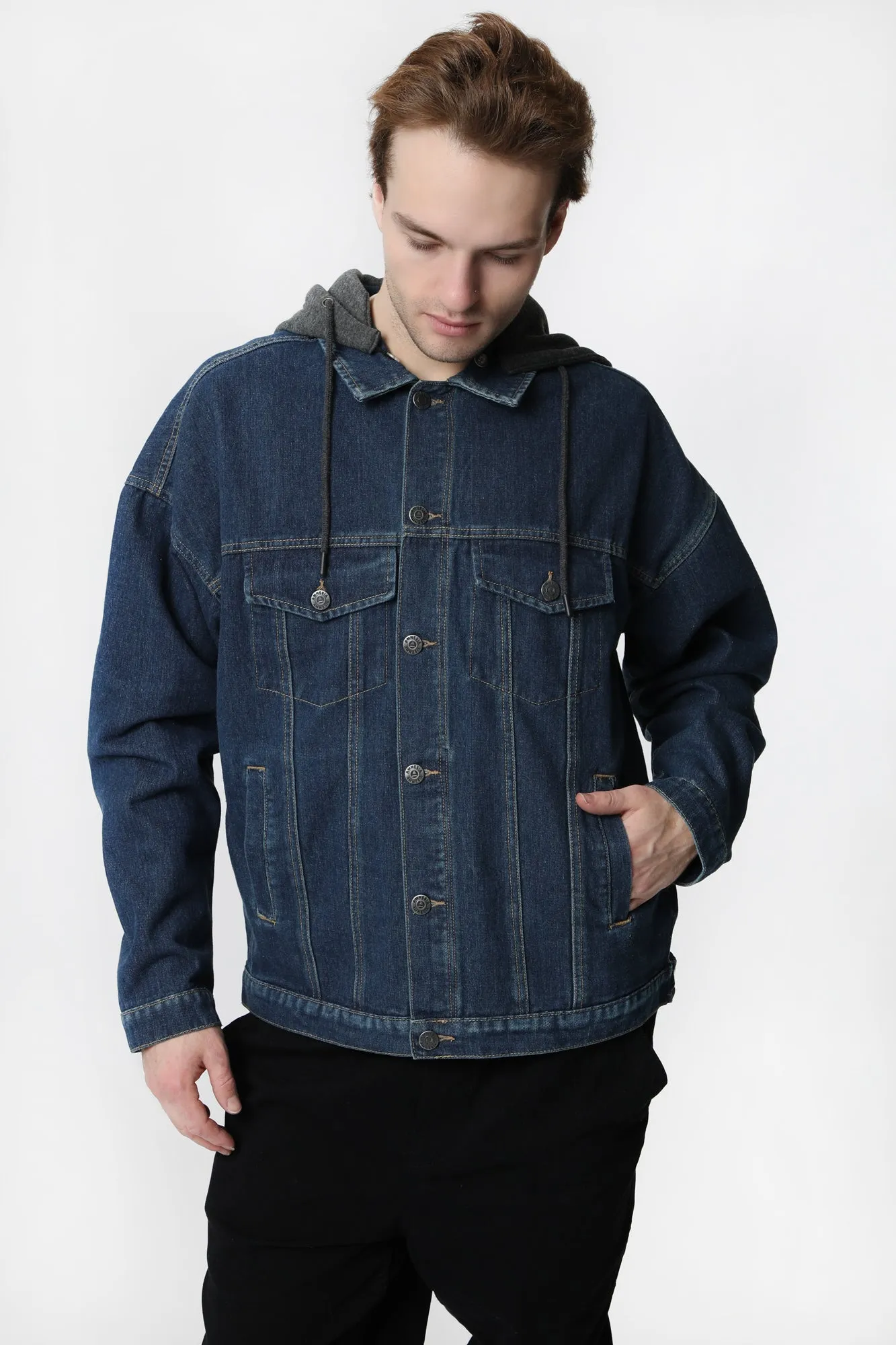 Amnesia Mens Hooded Denim Jacket with Adjustable Drawstring