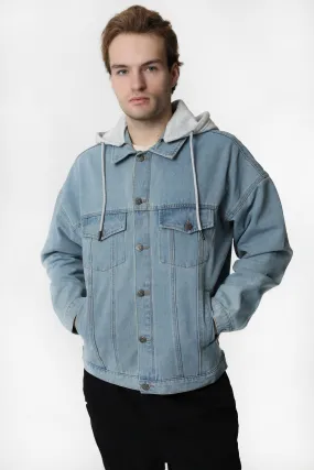 Amnesia Mens Hooded Denim Jacket with Adjustable Drawstring