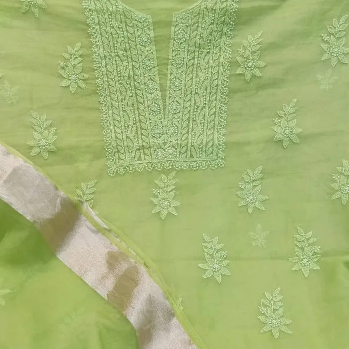 Apple Green Organza Chikan work fabric Salwar Kameez