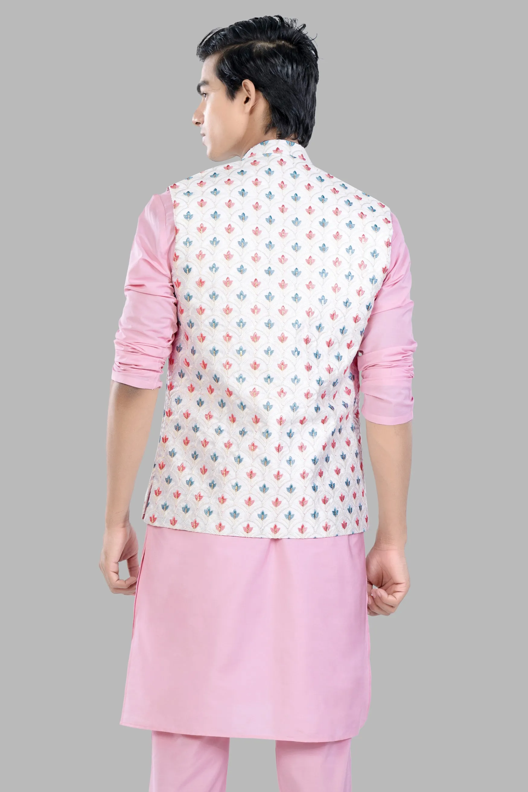 Azalea Pink Kurta Set with Bright White and Carnation Pink Leaves Thread Embroidered Designer Nehru Jacket