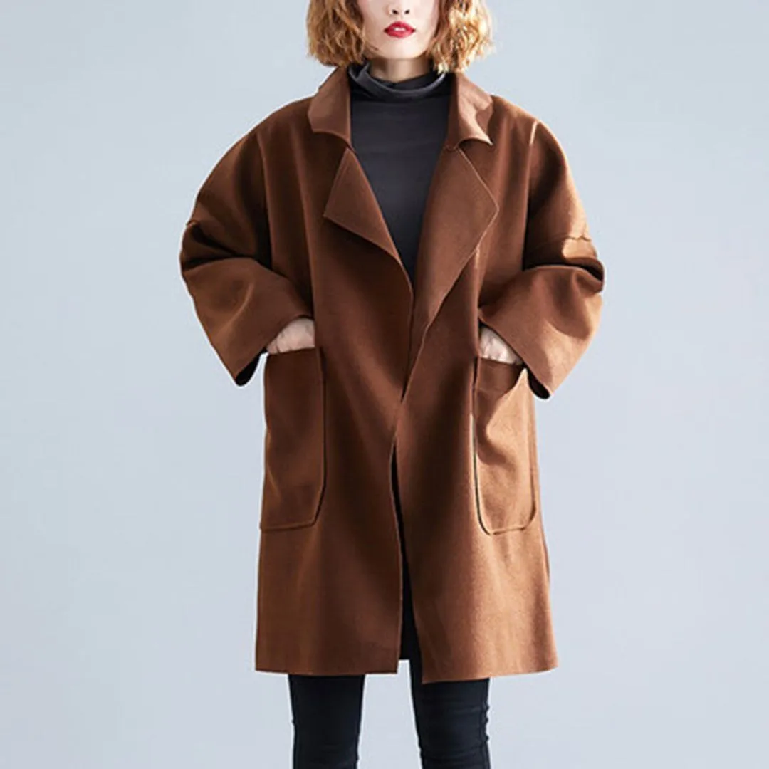 BABAKUD Solid Pockets Loose Winderbreaker Wool Coat