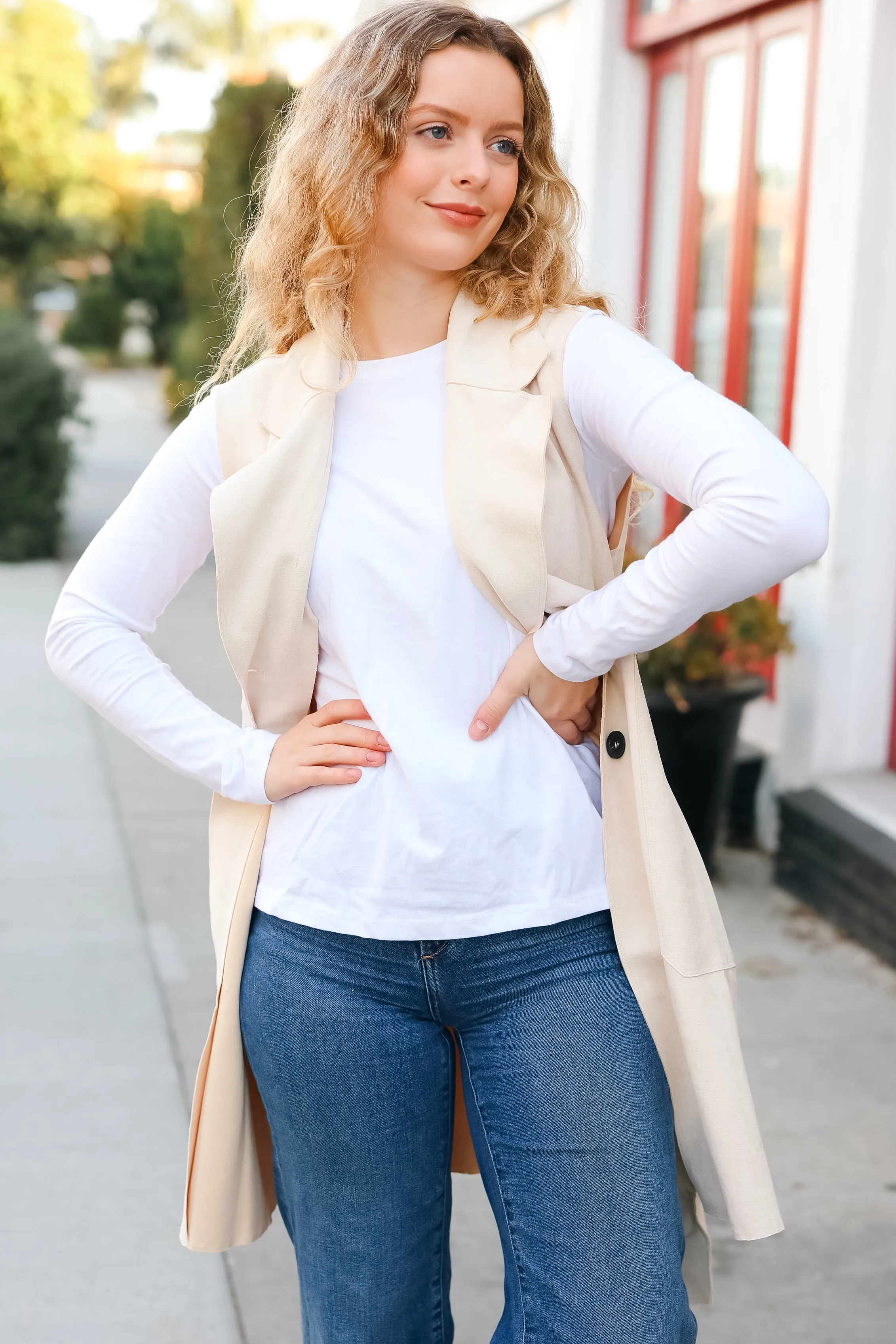 Back In Town Cream Faux Suede Trench Coat Vest