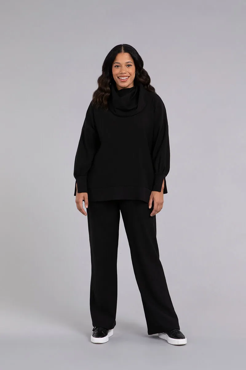 Bamboo Fleece Cowl Neck Pleat Sleeve Top | Black