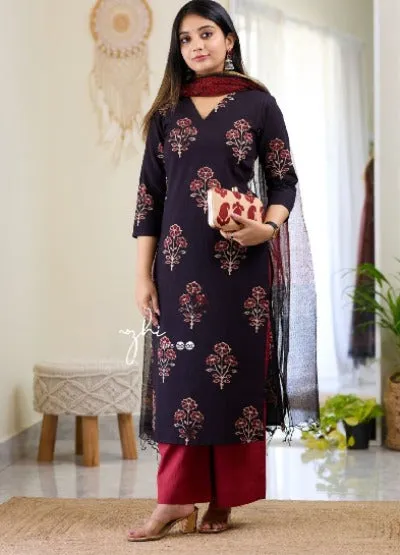 Black & Red Saganeri Blockprint Cotton Salwar Suit Set