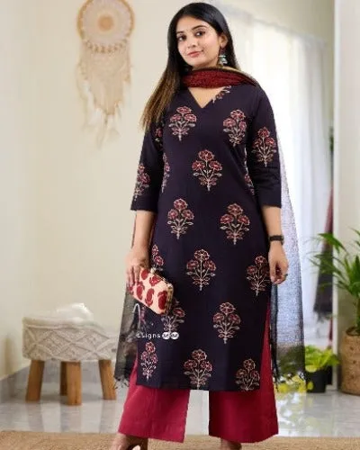 Black & Red Saganeri Blockprint Cotton Salwar Suit Set