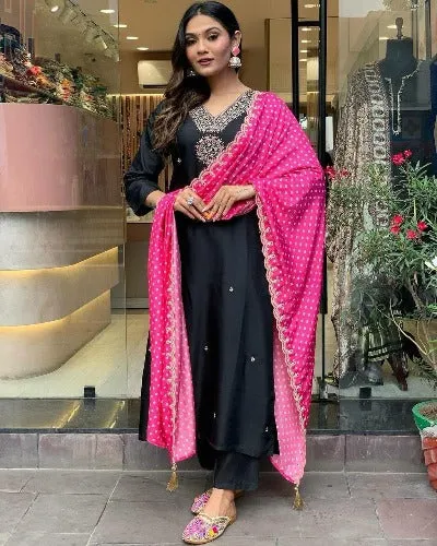 Black Heavy Modal Silk Salwar Suit With Pink Dupatta