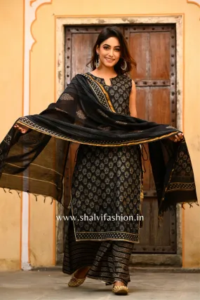 Black Shell Khadi Gold Print Chanderi Silk Suit Set (CSS41)