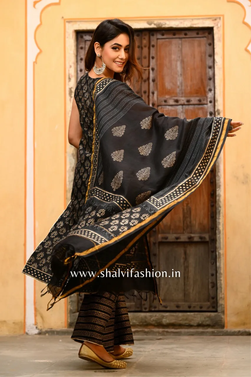 Black Shell Khadi Gold Print Chanderi Silk Suit Set (CSS41)