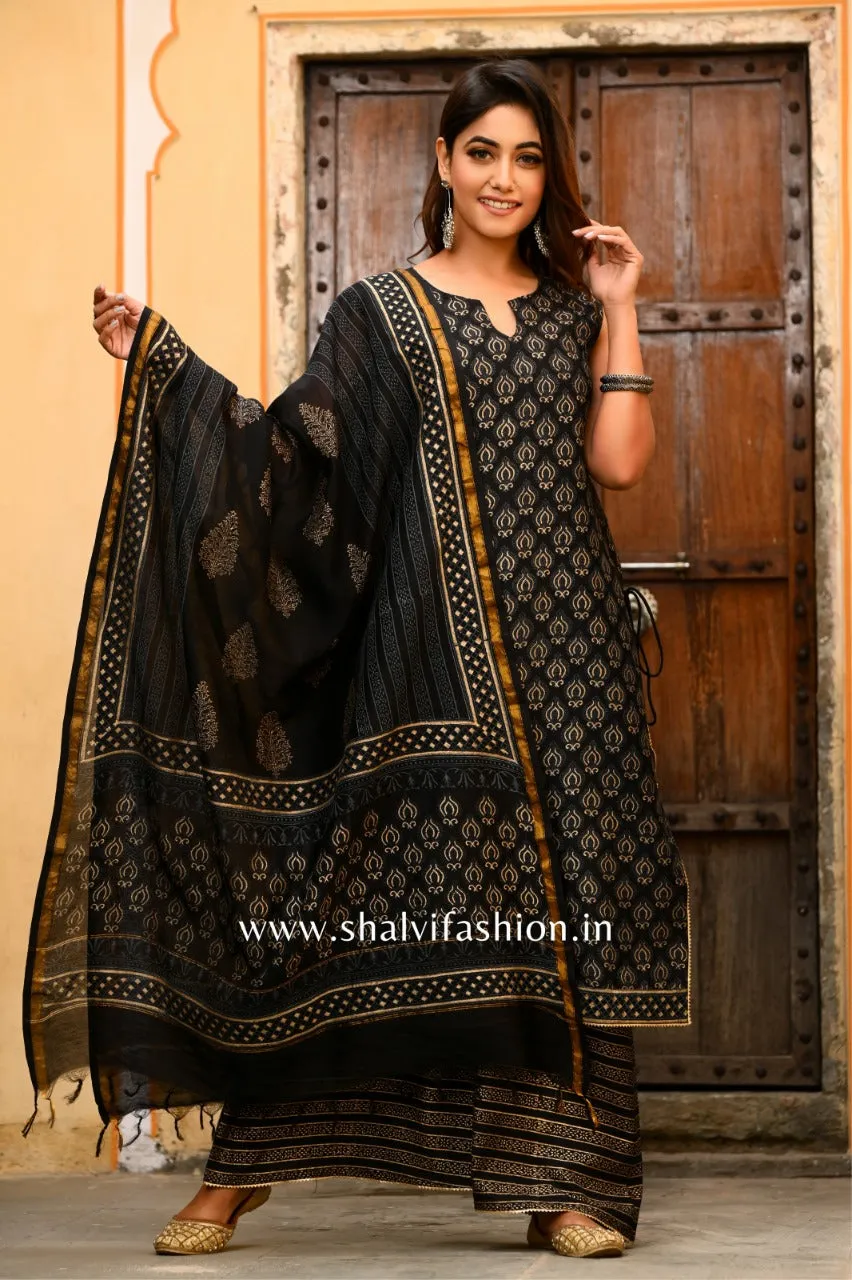 Black Shell Khadi Gold Print Chanderi Silk Suit Set (CSS41)