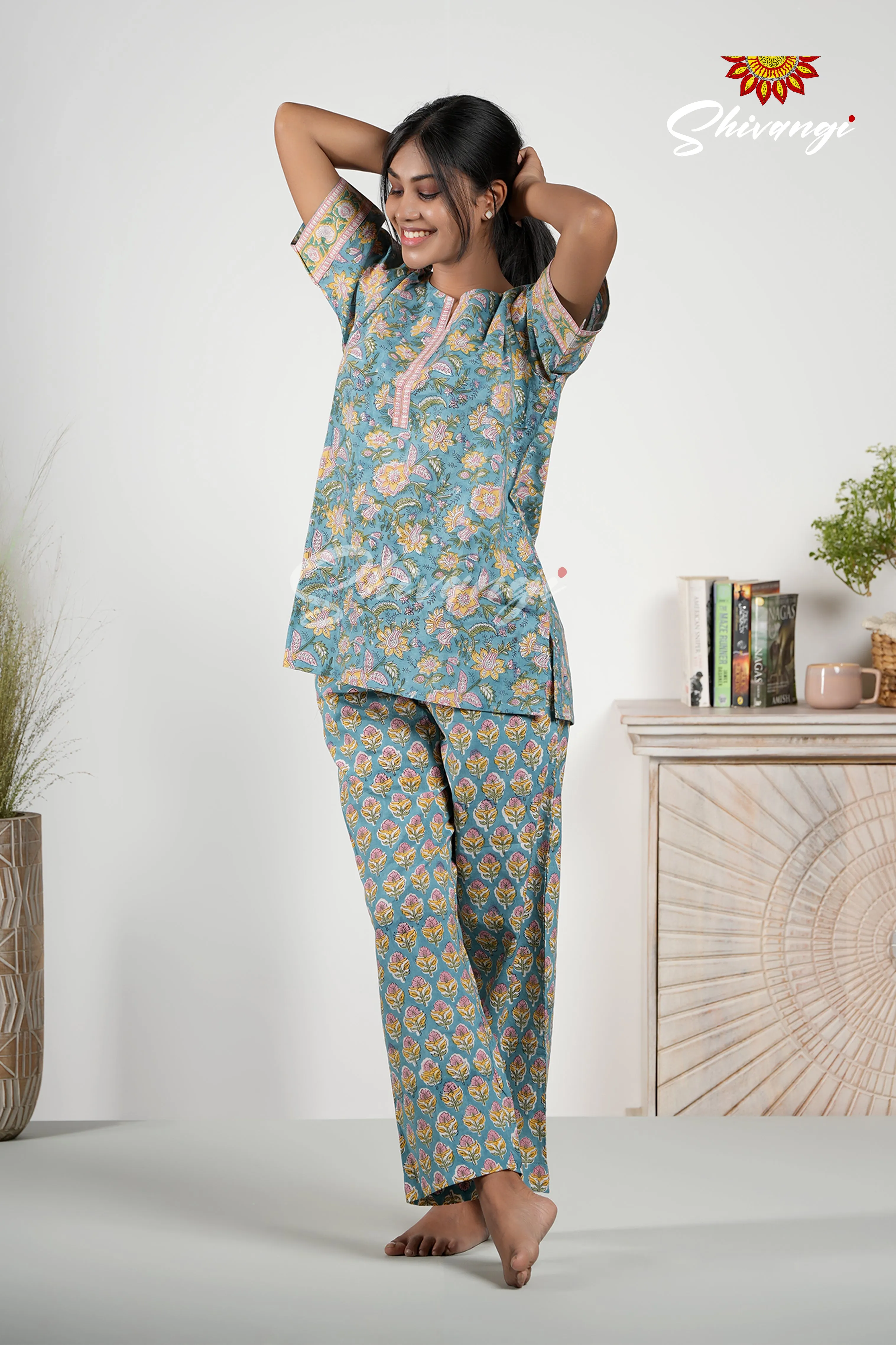 Blue Floral Print Cotton Top and Bottom Night Wear Set