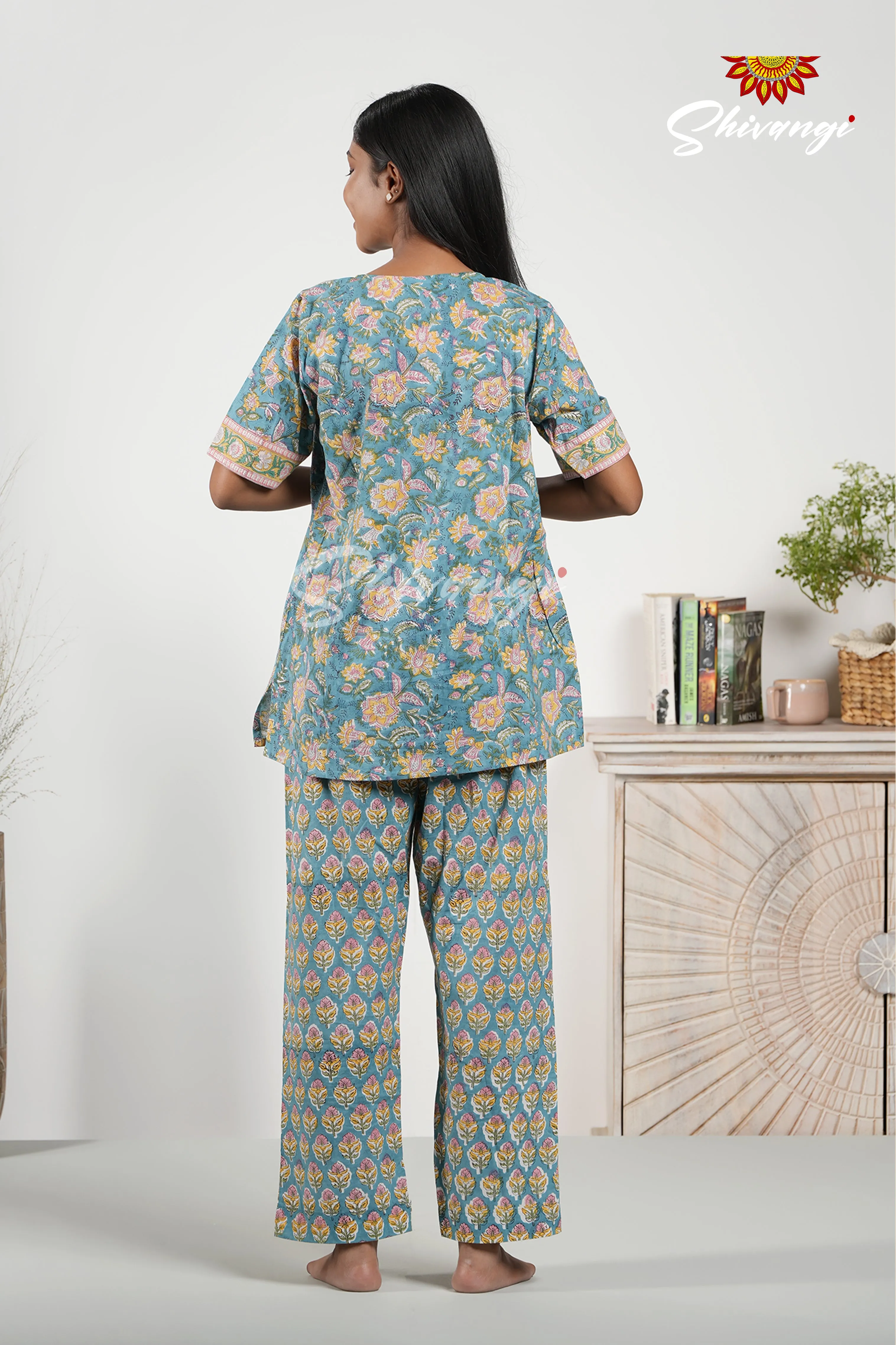 Blue Floral Print Cotton Top and Bottom Night Wear Set