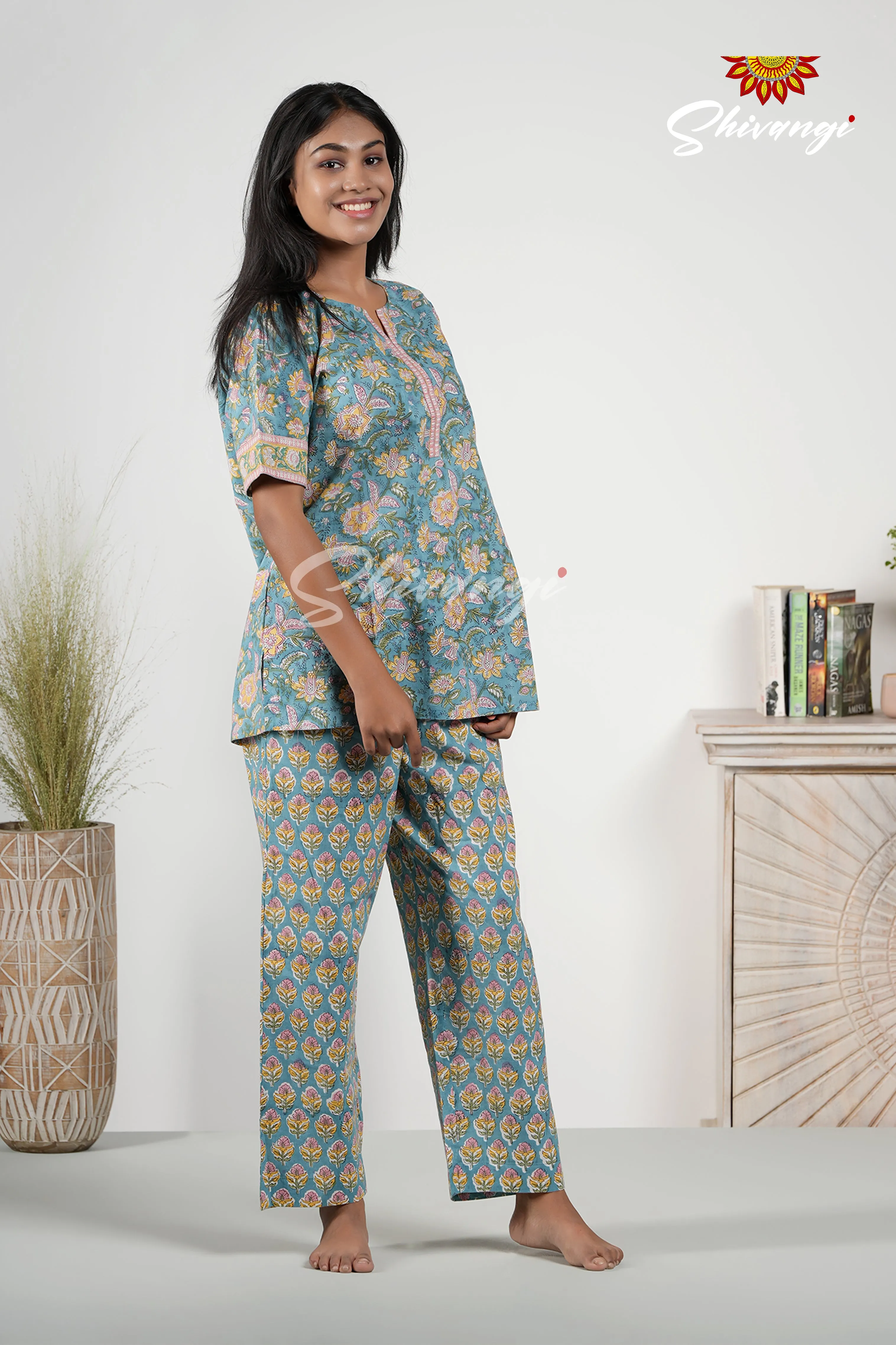 Blue Floral Print Cotton Top and Bottom Night Wear Set