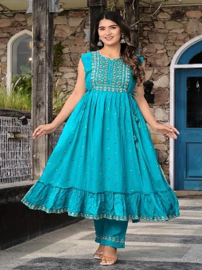 Elegant Nyra Style Anarkali Suit Set in Blue Rayon with Embroidered Detailing