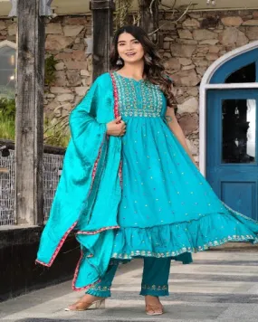 Elegant Nyra Style Anarkali Suit Set in Blue Rayon with Embroidered Detailing