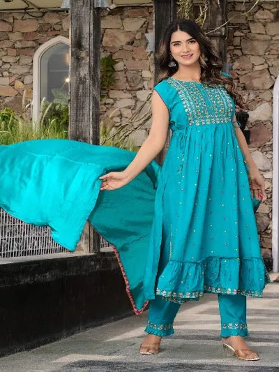 Elegant Nyra Style Anarkali Suit Set in Blue Rayon with Embroidered Detailing