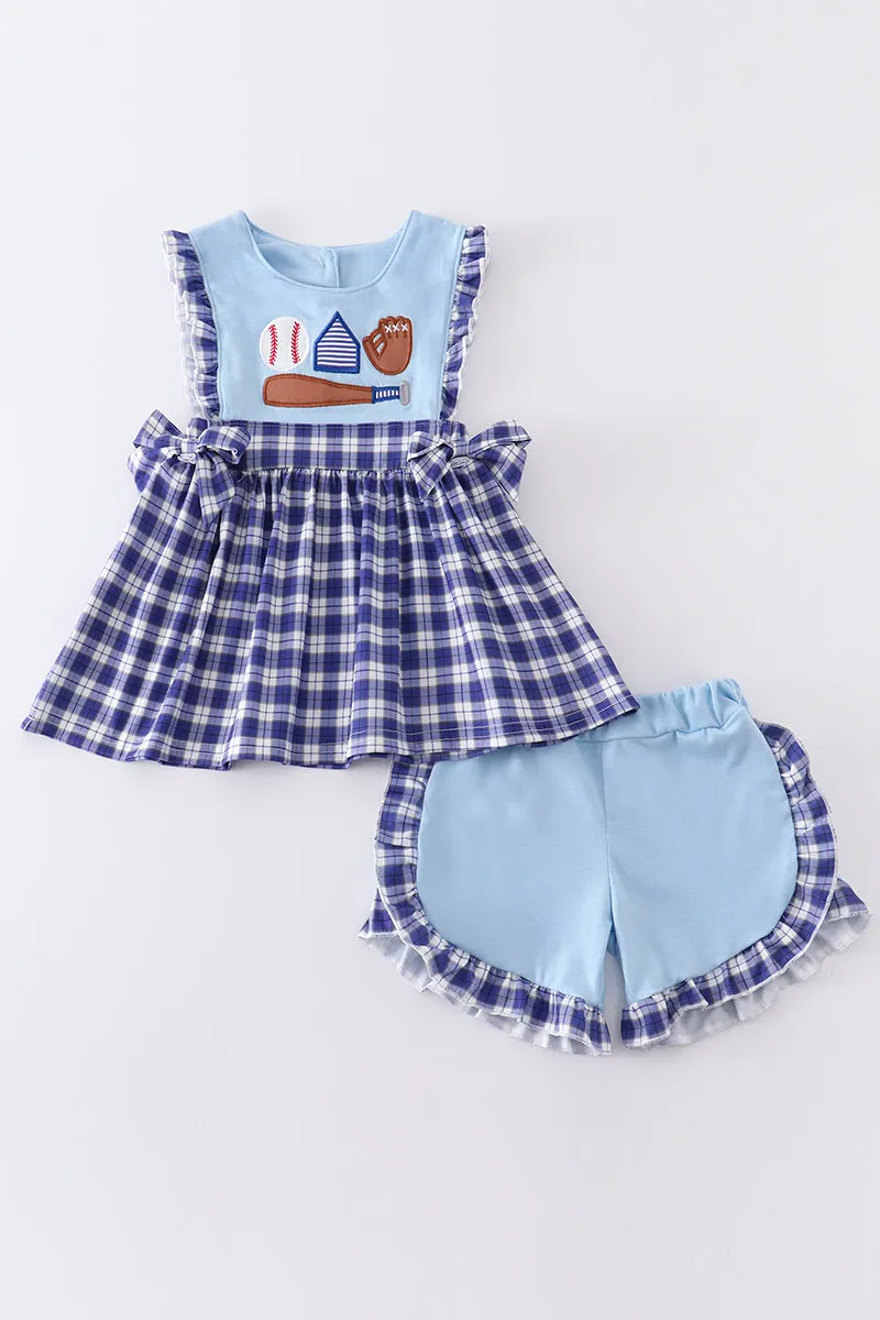 Blue plaid baseball applique girl set