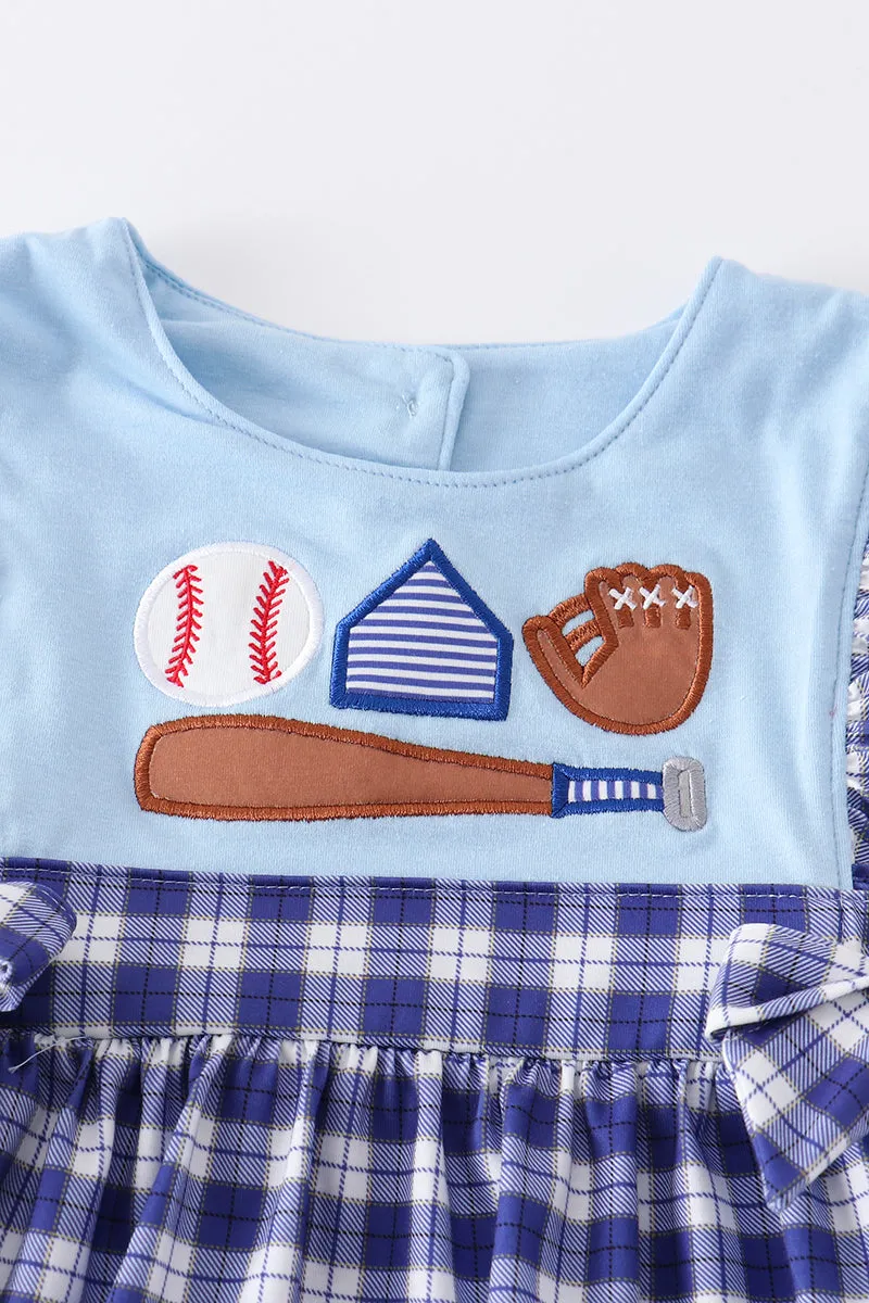 Blue plaid baseball applique girl set