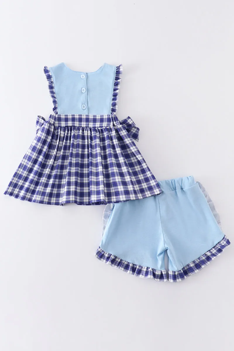 Blue plaid baseball applique girl set