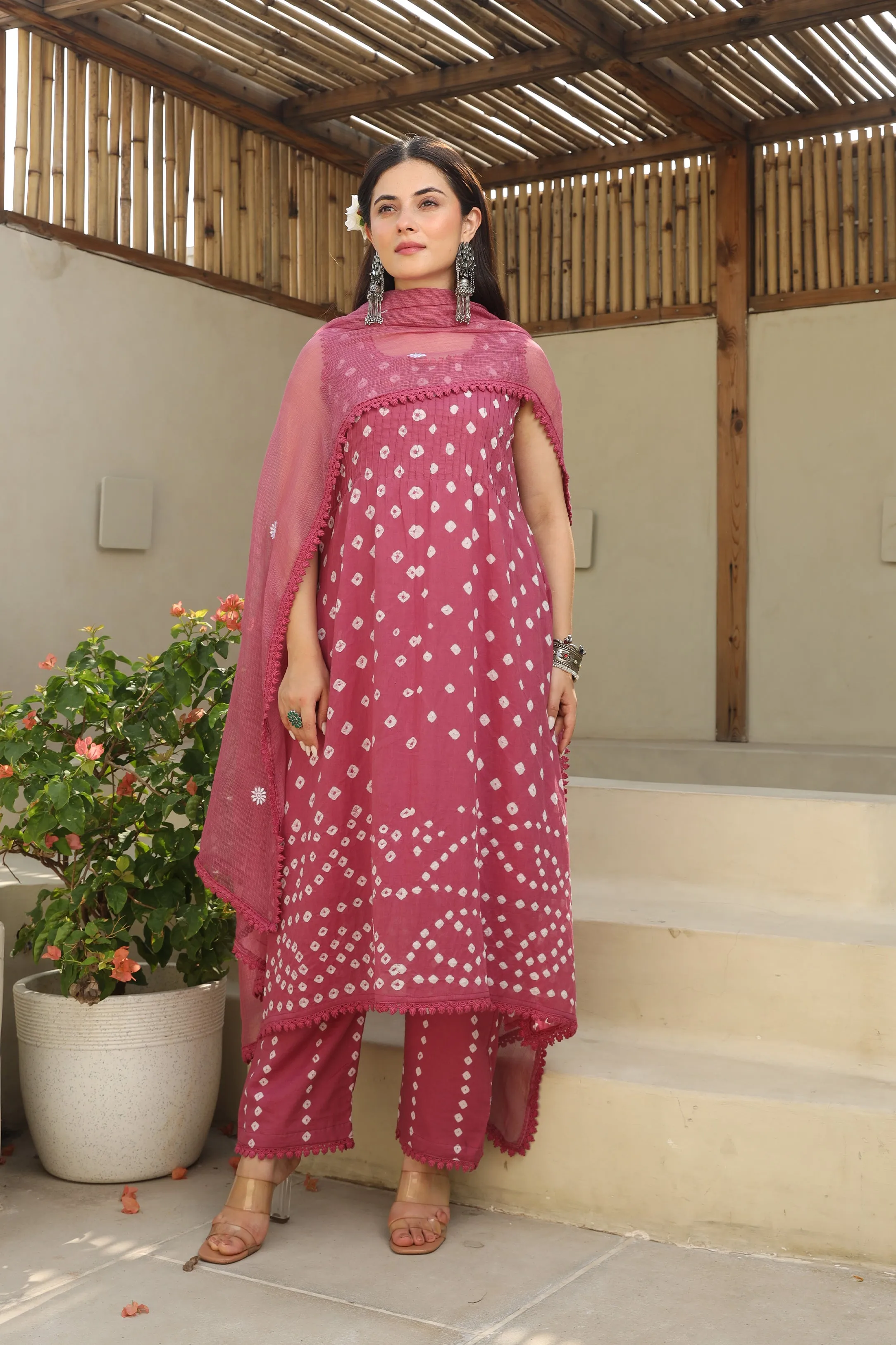 Blush Blossom Mulmul Cotton Hand Tie and Dye Bhandhej A-line Kurta Set