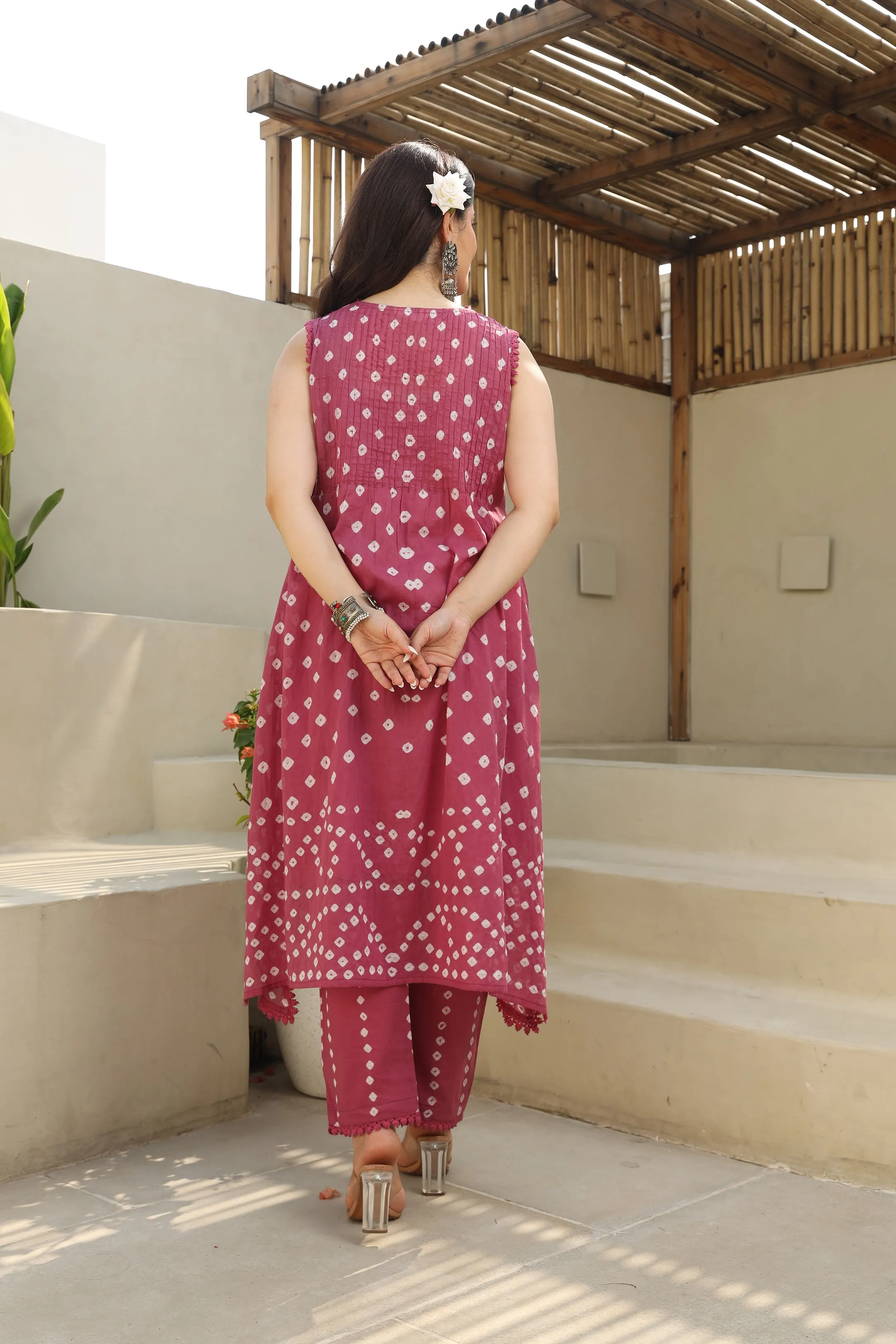 Blush Blossom Mulmul Cotton Hand Tie and Dye Bhandhej A-line Kurta Set