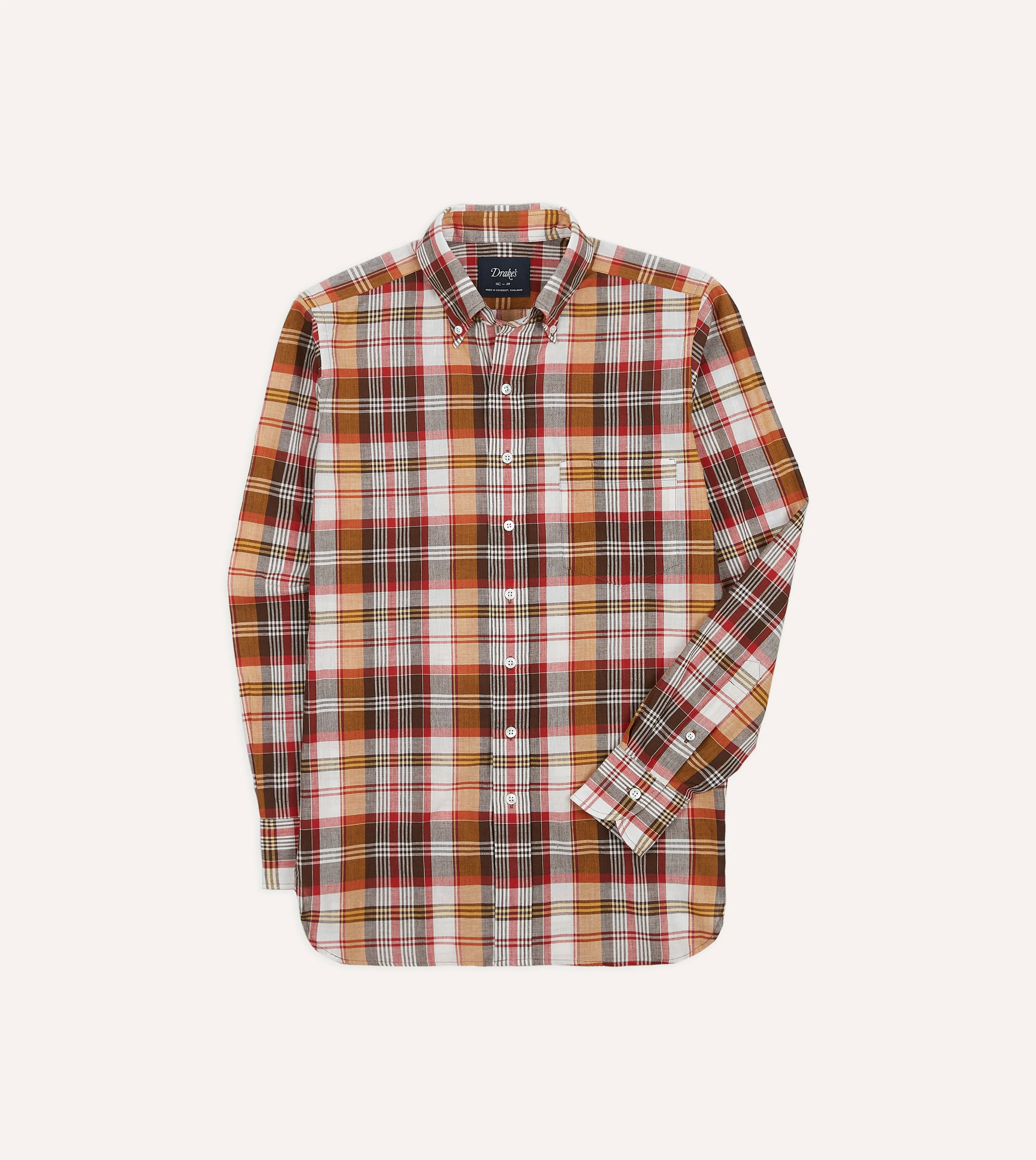 Brown and Red Madras Check Cotton Button-Down Shirt