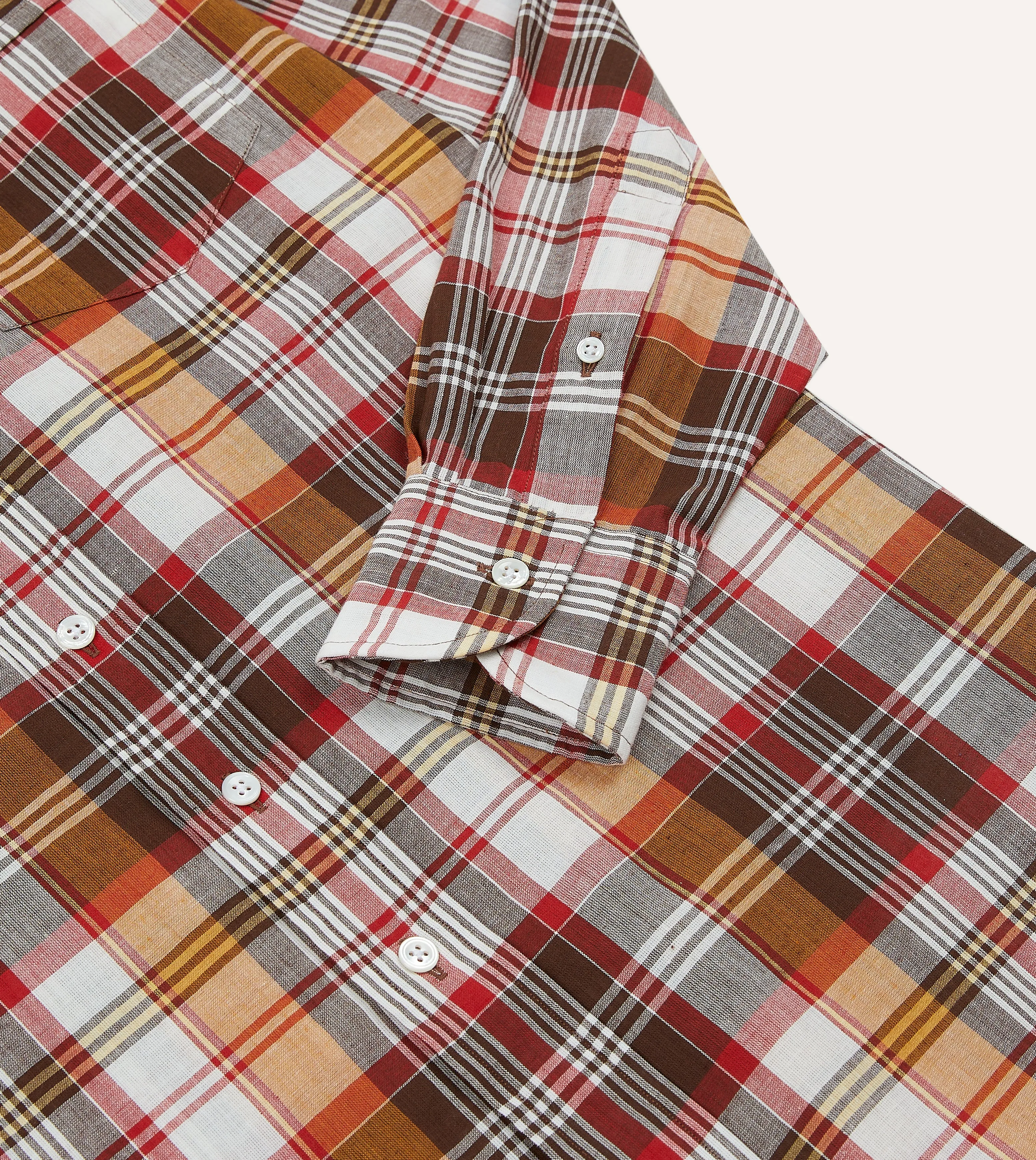 Brown and Red Madras Check Cotton Button-Down Shirt