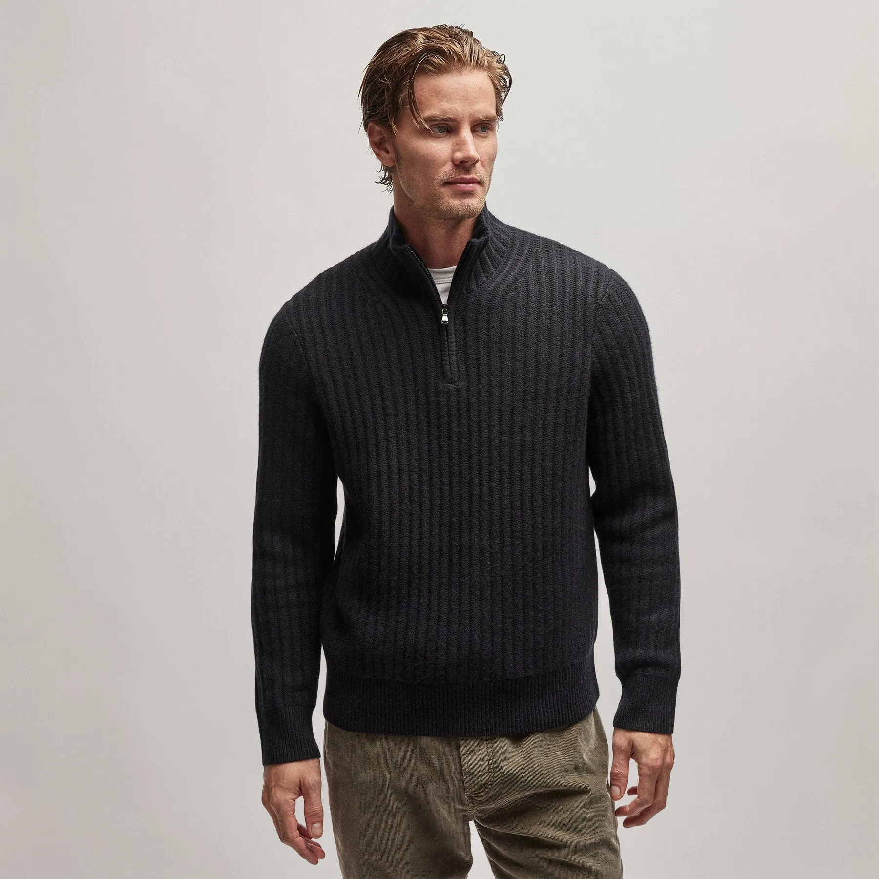 Cashmere Rib Half Zip Sweater - Black