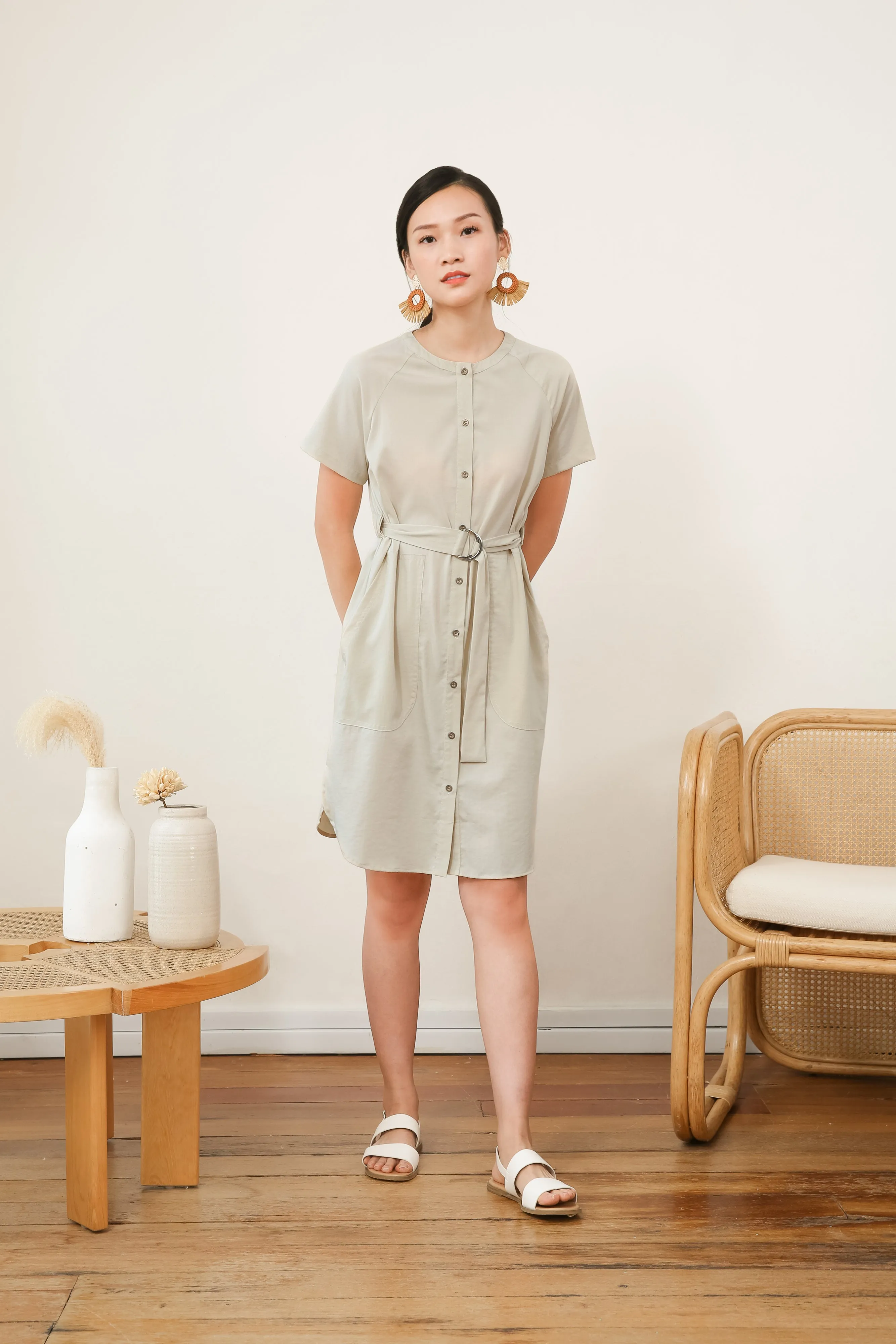 Charlotte Belted Dress in Beige