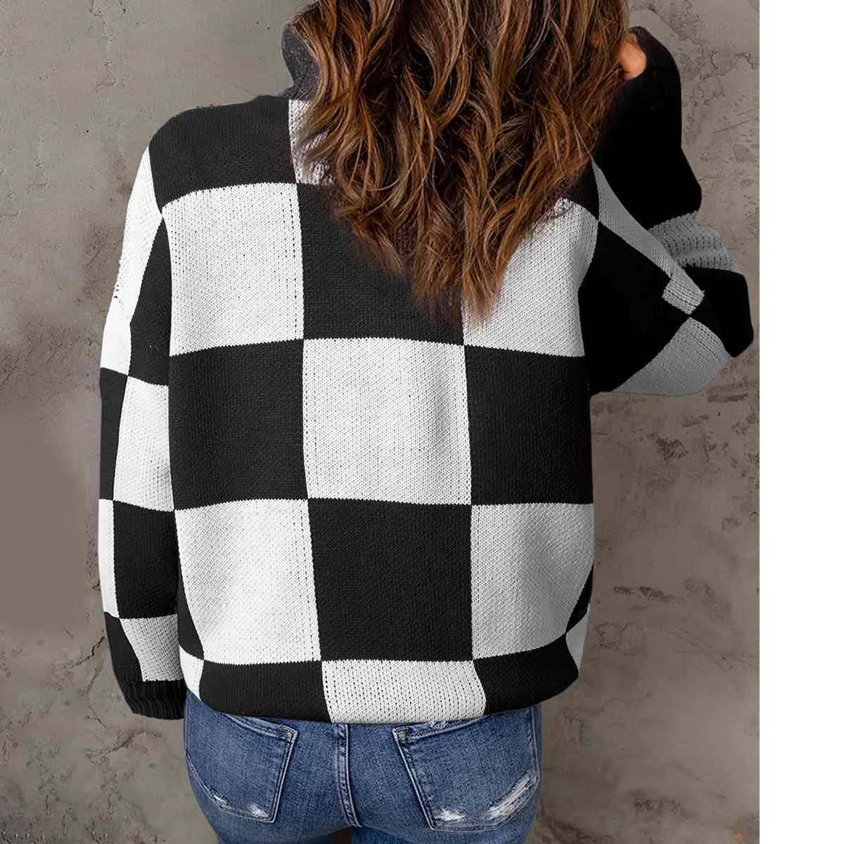 Checkered Half Zip Long Sleeve Sweater