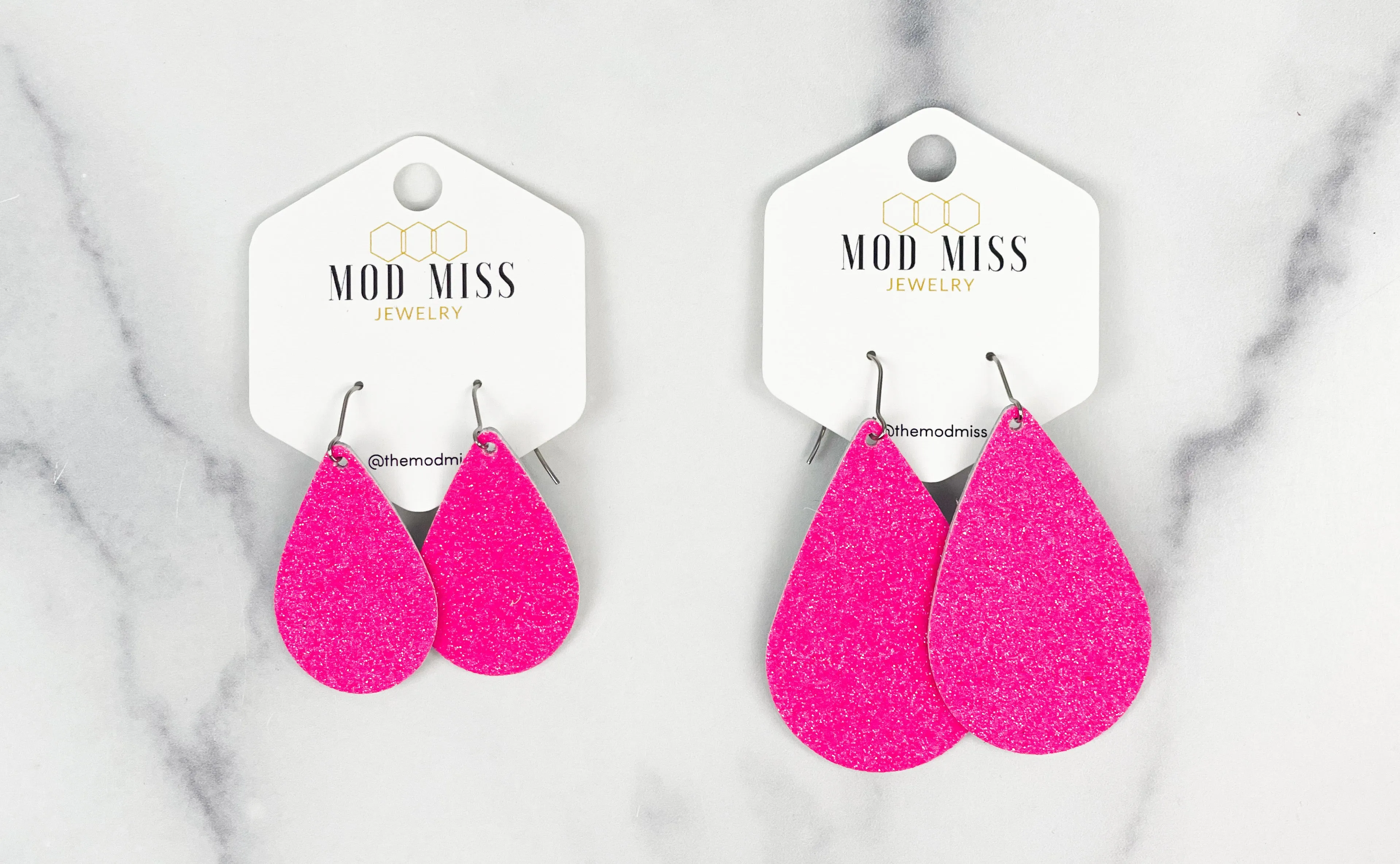 Cork Leather Teardrop Earring Fine Glitter Neon Pink