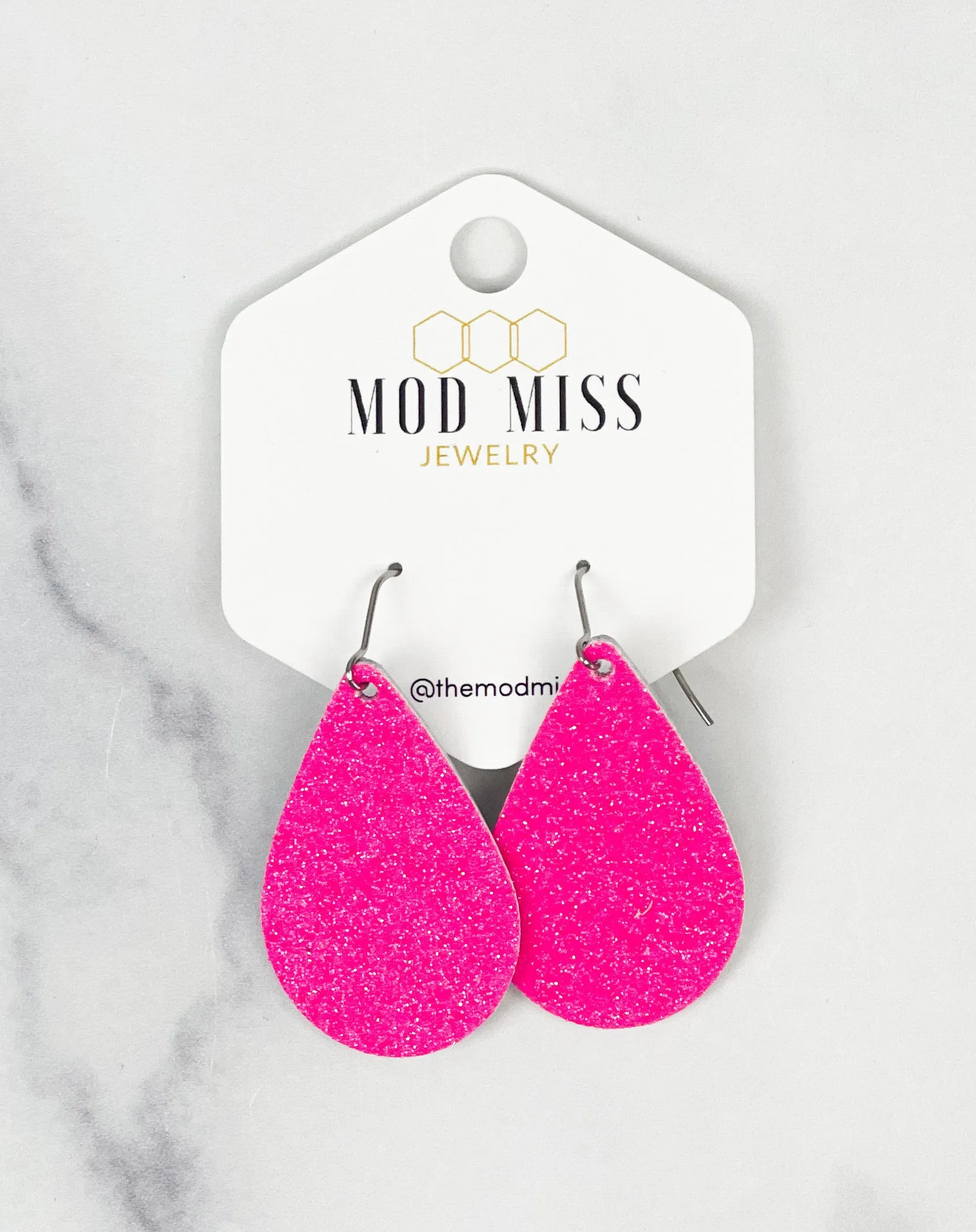 Cork Leather Teardrop Earring Fine Glitter Neon Pink