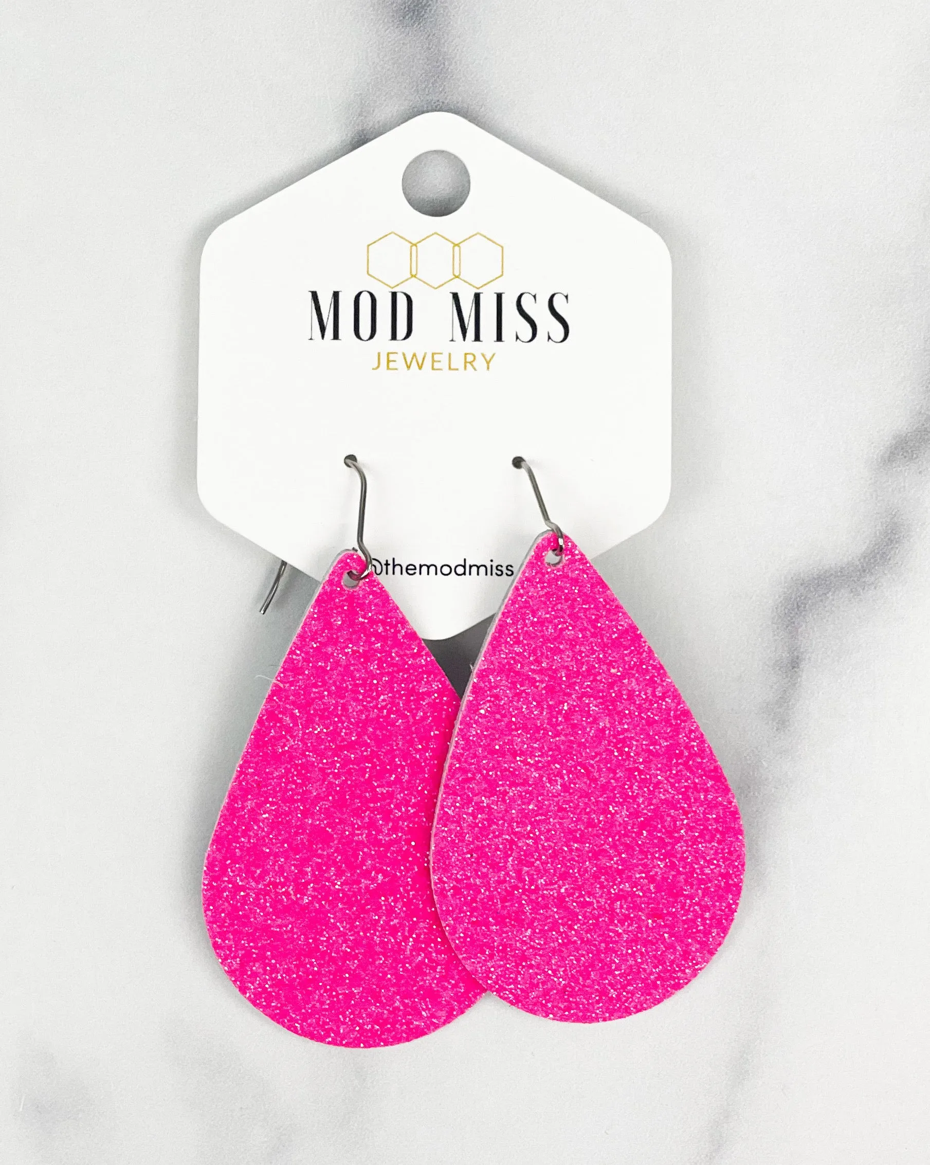 Cork Leather Teardrop Earring Fine Glitter Neon Pink