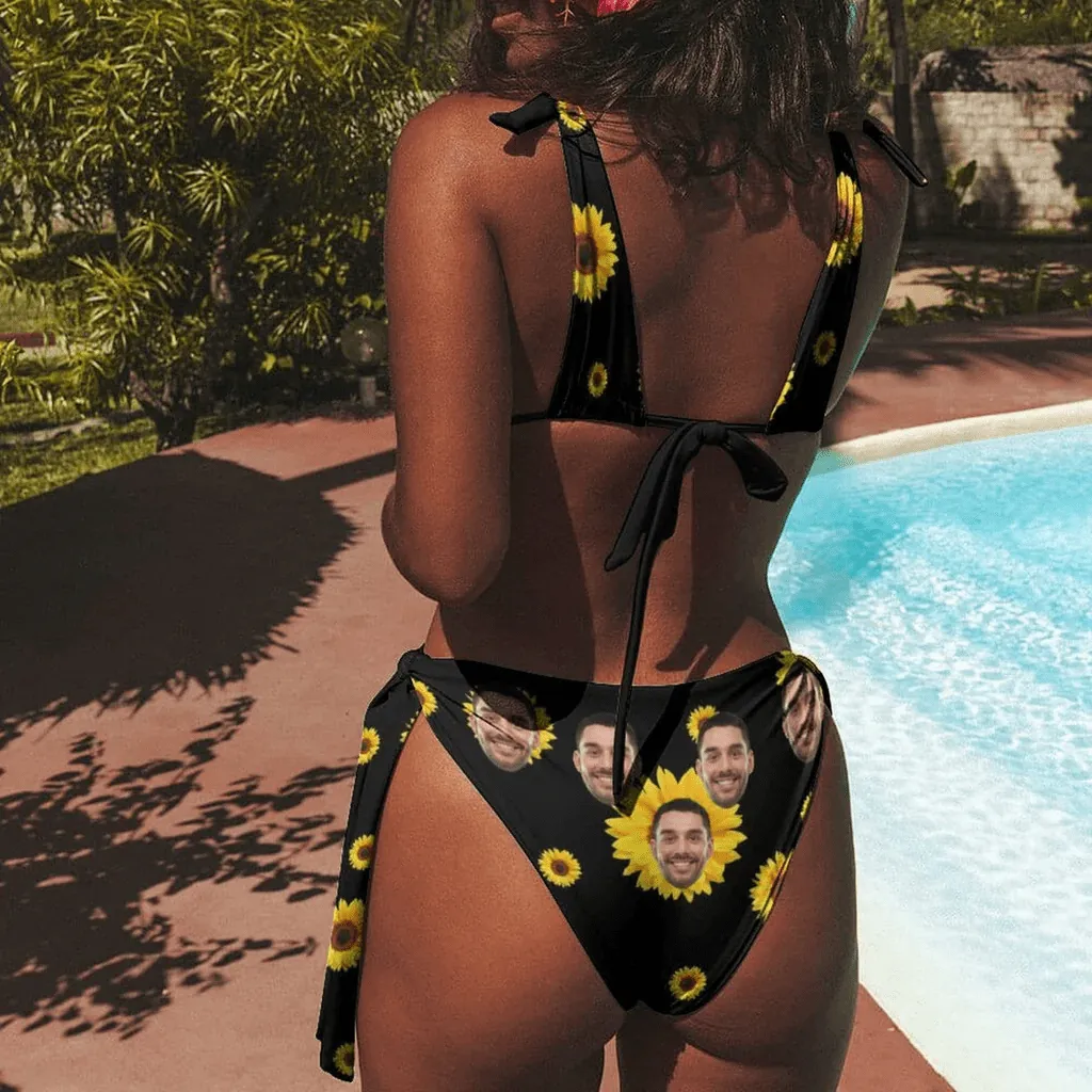 Custom Face Sunflowers Couple Matching Swimsuit Women's Triangle Bikini Bathing Suit Men's Swim Shorts