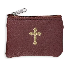 Dark Brown Leather Textured Zipper Rosary Pouch