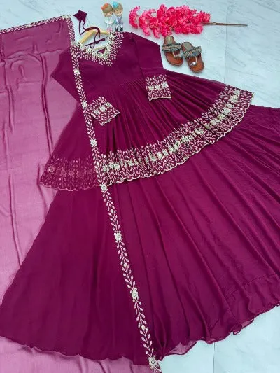 Dark Wine Georgette Designer Partywear  Kurti Lehenga 3pc Set