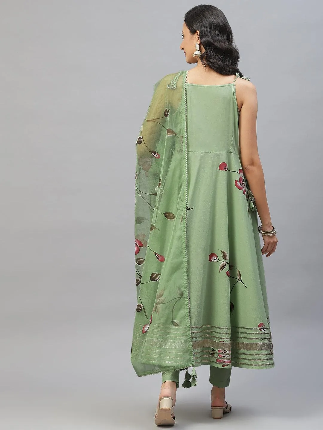 Divena Light Green Hand Painted Floral Anarkali Kurta Pant Set with Dupatta