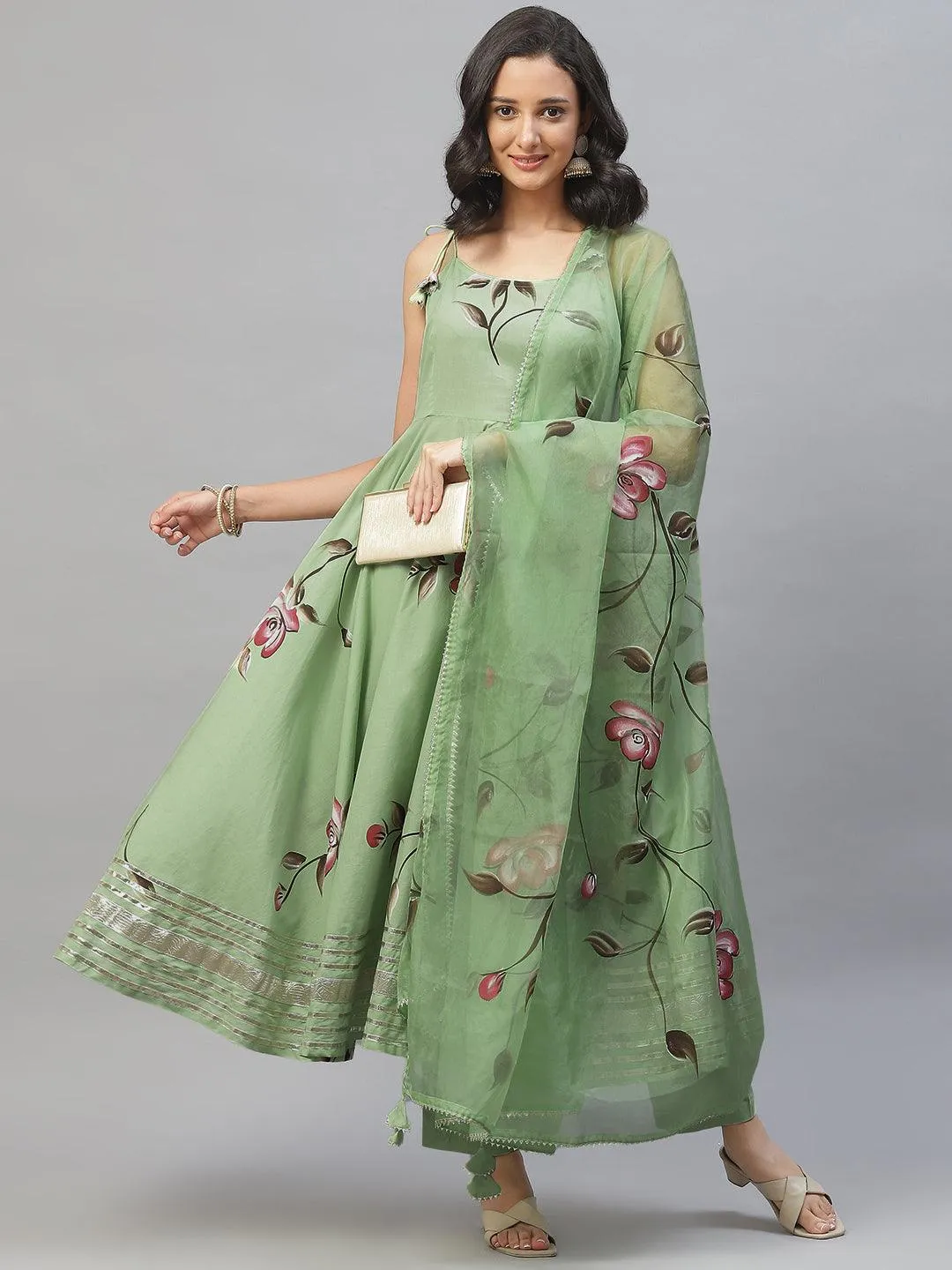 Divena Light Green Hand Painted Floral Anarkali Kurta Pant Set with Dupatta